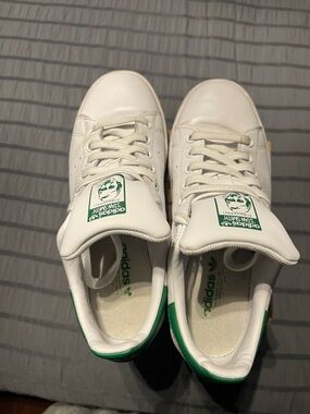 adidas White Sneakers with Green Heel and Tongue Logo